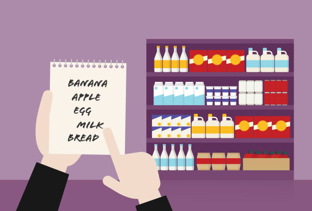 A man with a shopping list in a supermarket A man with a shopping list in a supermarket supermarket aisles vector stock illustrations