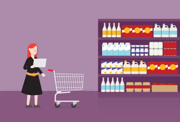 Vector illustration of A customer checks a shopping list in a supermarket