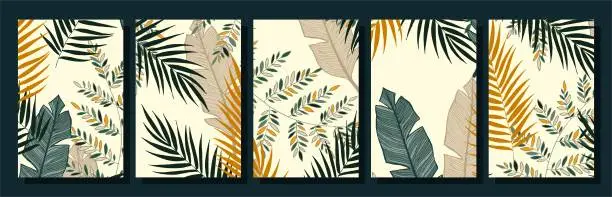 Vector illustration of Collection of contemporary art posters in retro colors. Abstract  geometric elements and tropical leaves.