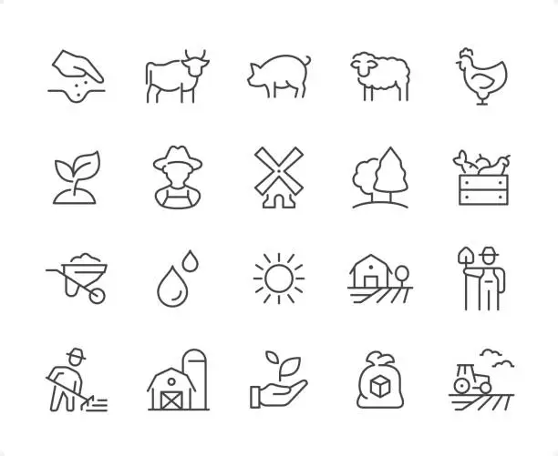 Vector illustration of Farming icon set. Editable stroke weight. Pixel perfect icons.