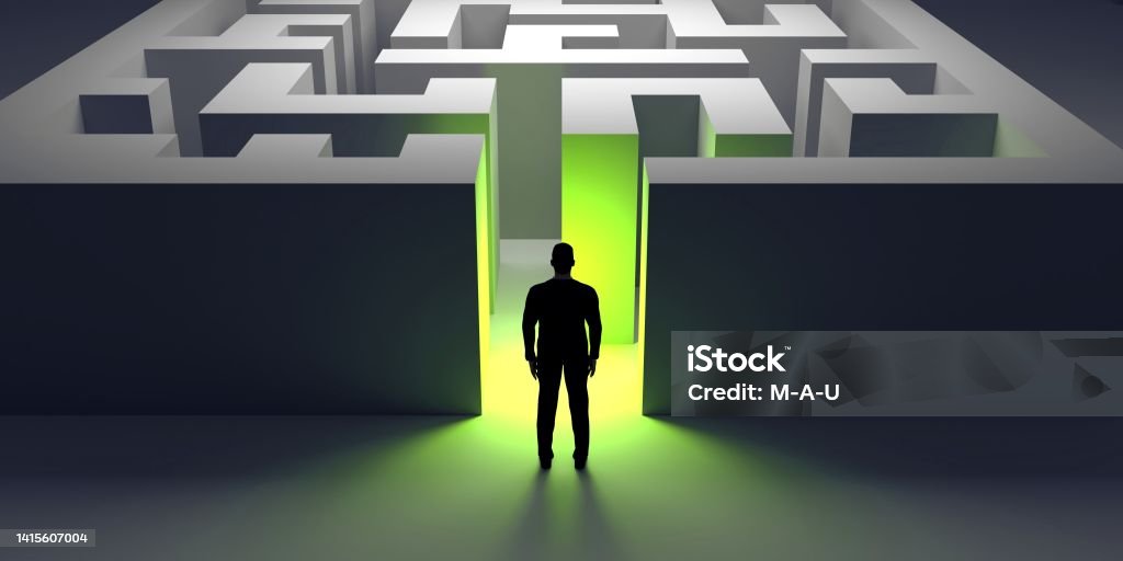 A businessman standing in front of white labirynth entrance. 3d illustration Maze Stock Photo