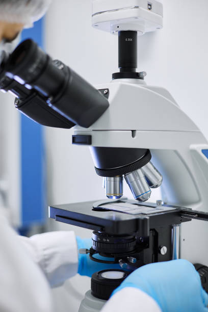 istock A female scientist works in a laboratory behind a microscope. Close-up 1415608796