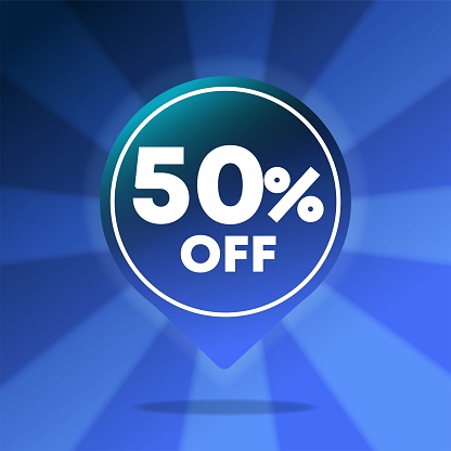 50% blue discount sign, with lights in the background in different shades of blue. discount pin for product sales and promotions