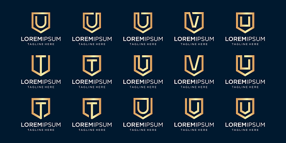 set of letter U T V monogram and shield sign combination. Line art logo design. Symbolizes reliability, safety, power, security. luxury logotype.