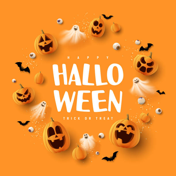 Happy Halloween holiday card Happy Halloween holiday card. Orange festive banner with 3d spooky pumpkins, candy eyes, paper bats, ghosts and confetti. Vector illustration. Happy Halloween holiday banner. spider on flower stock illustrations