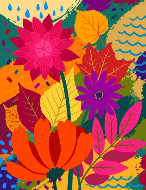 Vector illustration of Fall abstract design with leaves and autumn flowers.