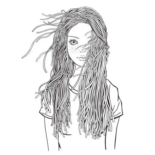 Vector illustration of Young beautiful girl. Black and white doodle coloring book page for adult and children.