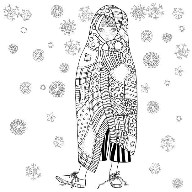 ilustraciones, imágenes clip art, dibujos animados e iconos de stock de linda chica y copos de nieve navideños. página del libro para colorear para adultos. tamaño a4. ilustración vectorial dibujada a mano. - computer graphic child snowflake vector