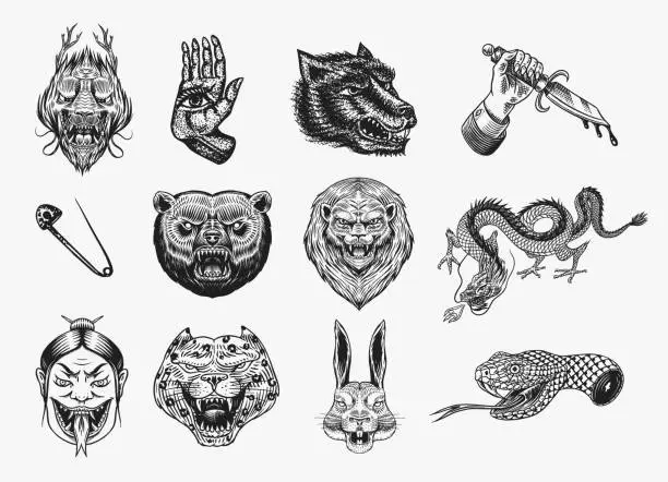 Vector illustration of Set of Fashion patches. Tattoo artwork. Bear Dragon Lion Snake Dagger Hare. Hand Drawn Engraved in old vintage sketch. Vector surreal illustration, badges, print for t-shirt.