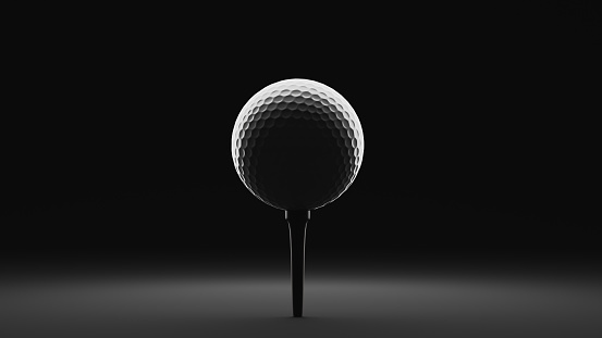 Stylish golf ball on tee on dark background, 3d rendering