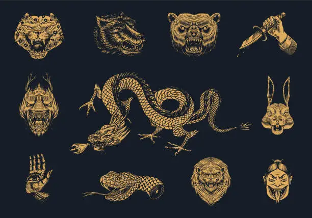 Vector illustration of Set of Fashion patches. Tattoo artwork. Bear Dragon Lion Snake Dagger Hare. Hand Drawn Engraved in old vintage sketch. Vector surreal illustration, badges, print for t-shirt.