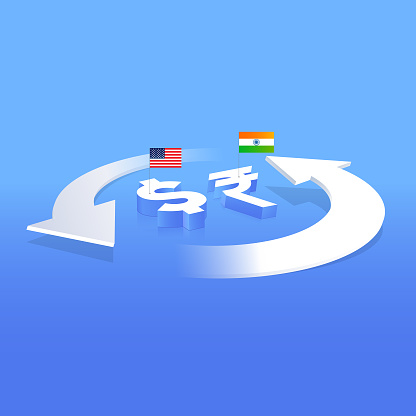 US Dollar and Indian Rupee money exchange concept with US and Indian flag
