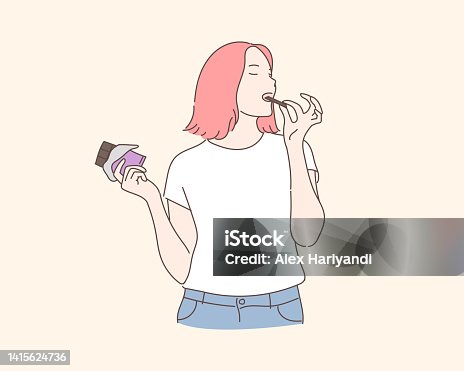 istock A young woman is eating chocolate deliciously. Hand drawn style vector design illustrations. 1415624736