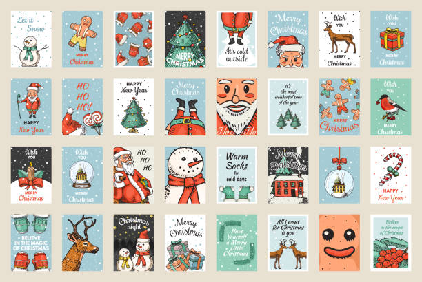 Merry Christmas banners. New Year cards, poster templates. Snowman and Christmas tree, candle deer and candy cane, Santa Claus. Flyer or labels for gifts.. Engraved hand drawn sketch in vintage style.