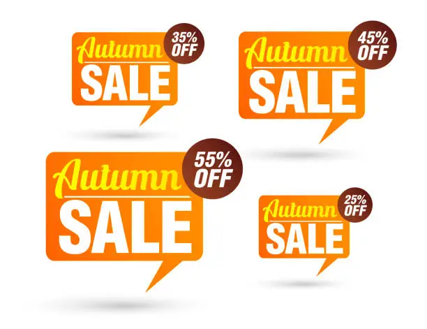 Vector illustration of Autumn sale tag speech bubble. Set of 25%, 35%, 45%, 55% off discount