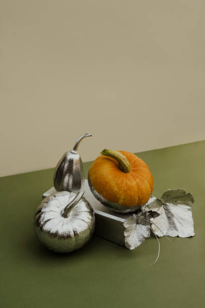istock Autumn composition with different pumpkins decorated in silver on brick podium, pastel background 1415629789
