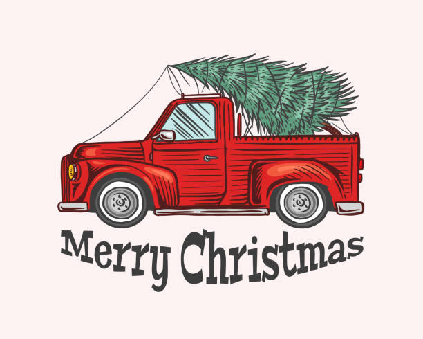 Car with a Christmas tree. Spruce in the luggage of the truck. Delivery concept. Vector illustration for label, badge, logo, postcard or banner. Hand drawn Vintage engraved sketch. . Vector illustration