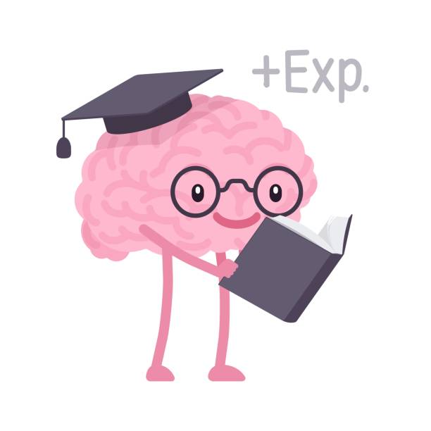умный человеческий мозг симпатичный персонаж чтение книги поза - advice reading student glasses stock illustrations