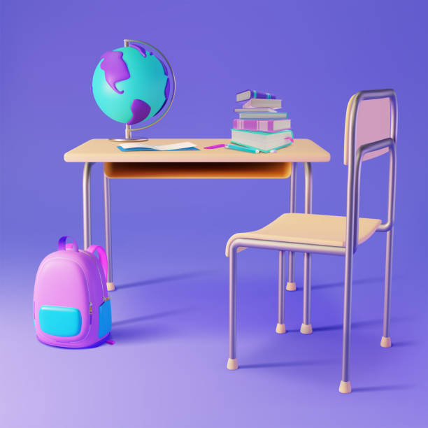 3d School Desk and Accessory Concept Plasticine Cartoon Style. Vector vector art illustration
