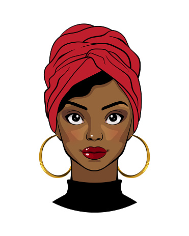 Beautiful black woman. Cartoon afro american girl wearing red head wrap and round earrings. Fashion Illustration on white background.