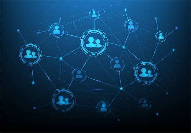 obchodní sociální sítě připojení lidí na modré tmavé pozadí. globální internetových technologií a datový zákazník. vektorová ilustrace digitální fantastický design. koncept online podnikání. - tvorba sítě kontaktů stock ilustrace