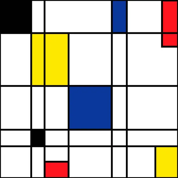 Vector illustration of Mondrian seamless pattern. Bauhaus abstract checked geometric style background in blue, red,yellow and black. Colorful vector illustration. Mosaic Piet Mondrian emulation