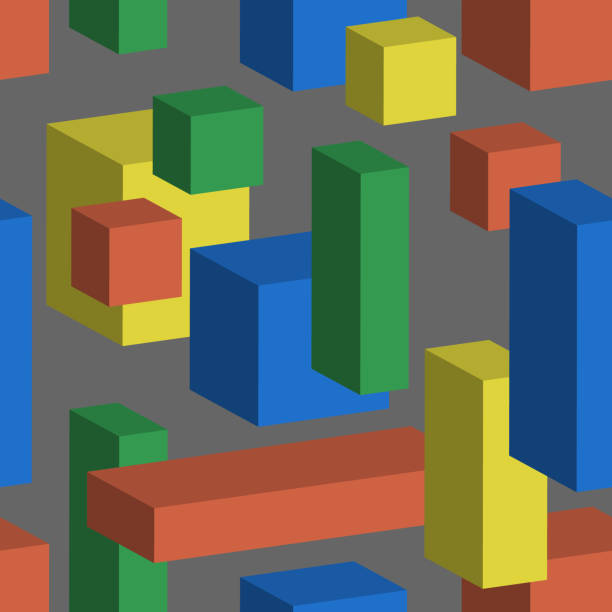 illustrazioni stock, clip art, cartoni animati e icone di tendenza di sfondo vettoriale senza soluzione di continuità con cubi multicolori e cuboidi in stile isometrico 3d. motivo geometrico. blocco di costruzione giallo, rosso, verde e blu su sfondo grigio - cuboid