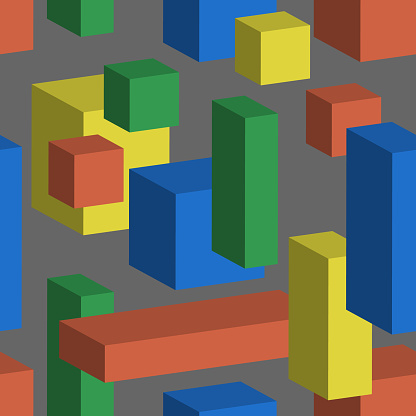 Seamless vector background with multicolored cubes and cuboid in 3D isometric style. Geometric pattern. Yellow, red, green and blue childern building block on grey background.