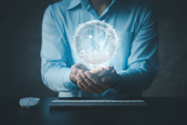 istock Technology to analyze the process of reducing carbon dioxide emissions, keeping nature from being destroyed by electronic waste that will cause global warming. Net Zero and Carbon Neutral 1415634047