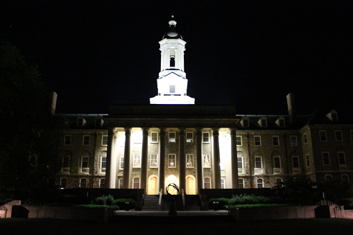 Old Main building at night at State College, PA circa 2012