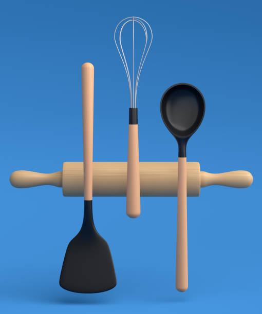 istock Wooden kitchen utensils, tools and equipment on blue background. 1415638533
