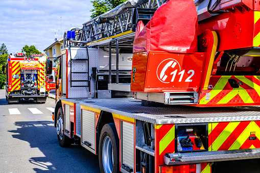 Tutzing, Germany - July 9: typical german fire department truck at the old town in Tutzing on July 9, 2022