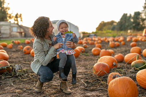Ethnic thirty something mom lifting her toddler into the air at a pumpkin patch