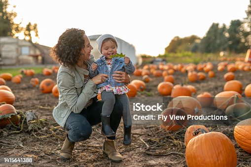 istock Ethnic thirty something mom lifting her toddler into the air at a pumpkin patch 1415641388