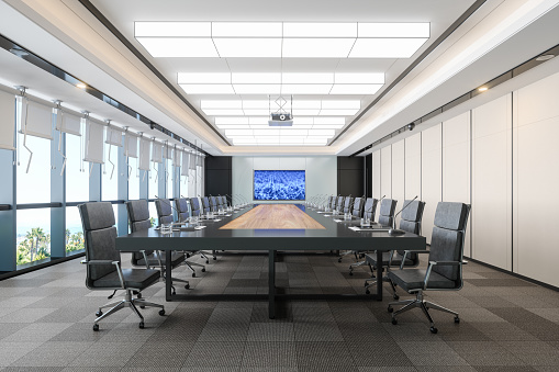 View of a large table and chairs in a corporate boardroom. Very high resolution 3D render.
