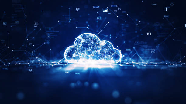 사이버 보안 보호 기능을 갖춘 클라우드 및 엣지 컴퓨팅 기술 개념. 중간에 눈에 띄는 큰 구름 아이콘이 있습니다. 진한 파란색 배경에 이진 코드 다각형과 작은 아이콘. - virtualization network server cloud computing downloading 뉴스 사진 이미지