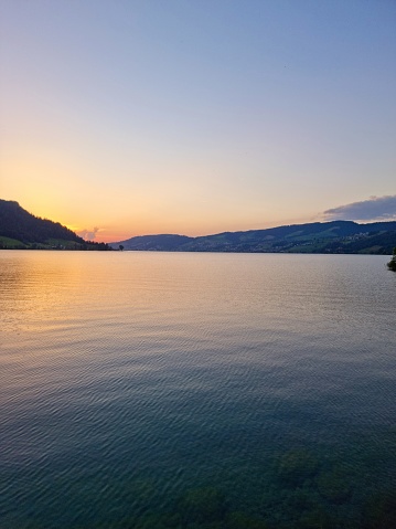 Sunset at Ägerisee (Lake Aegeri) in the Canton of Zug, Switzerland. The two municipalities along its shore are Oberägeri and Unterägeri.
