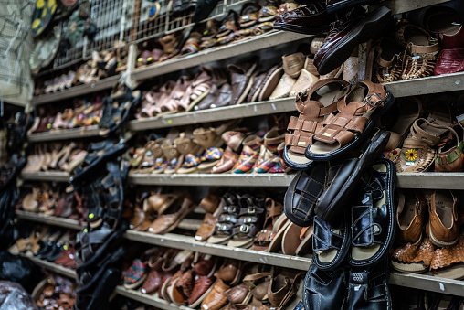 Leather shoes store at a local market