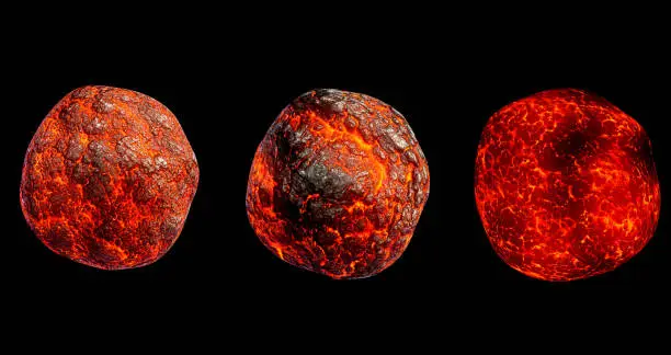 Photo of Fantasy alien planets with surface of molten hot liquid lava. 3D render icons for ui space game, set of futuristic cosmic objects isolated on black background. Cosmos exploration, astronomy collection