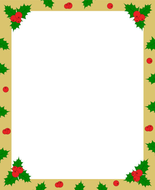 vector holly berry green and red on golden christmas frame border for greeting card photo or invitation copy space vector holly berry green leaves and red fruit on golden christmas frame border for greeting card photo or invitation copy space vector food branch twig stock illustrations