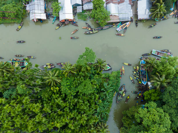 Aerial View of Floating Guava Market in Bangladesh. Land of Guava Orchard at Bhimruli, Jhalokati, Barisal, Bangladesh. Aerial View of Floating Guava Market in Bangladesh. Land of Guava Orchard at Bhimruli, Jhalokati, Barisal, Bangladesh. bangladesh stock pictures, royalty-free photos & images