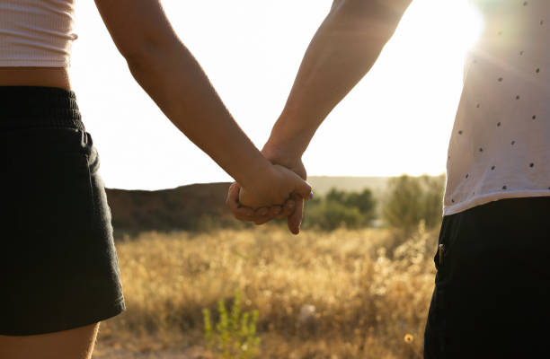 istock couple holding hands watching the sunset in the field 1415645935
