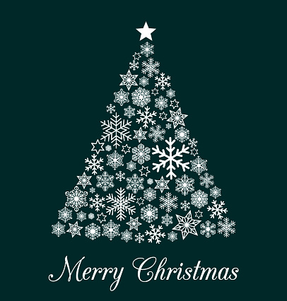 Merry Christmas greeting card with triangle christmas tree made from various white snowflakes isolated on green background. Vector EPS 10 illustration for Holiday designs, invitation, print or web.