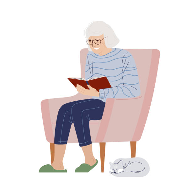 чтение пожилой женщины на кресле. бабушка сидит на кресле с книгой. векторная симпатичная плоская иллюстрация, изолированная на белом фоне. - book reading white women stock illustrations