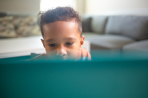 Mixed 3 year Old Boy learning on the Laptop Computer
Black dad white mom.
Shallow DOF