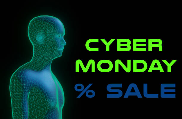 3d blue green limon glowing wireframe man cyborg head with text cyber monday % sales
