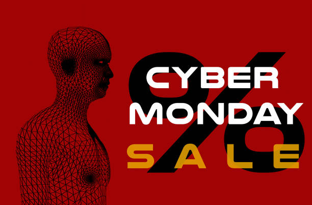 3d black wireframe man cyborg head with white text cyber monday % sales on red background