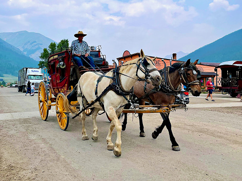 Silverton, Colorado, USA - July 12, 2021: Tourists enjoy a traditional horse-drawn stagecoach ride through Silverton’s historic downtown district.