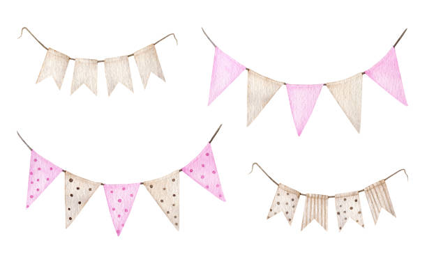 istock Watercolor pink and beige garland. Flags illustration isolated on white background. Decarative design element 1415654548