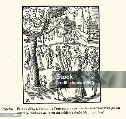 istock Medieval village fete, musicians, people dancing circle under a tree, end 16th Century 1415656059